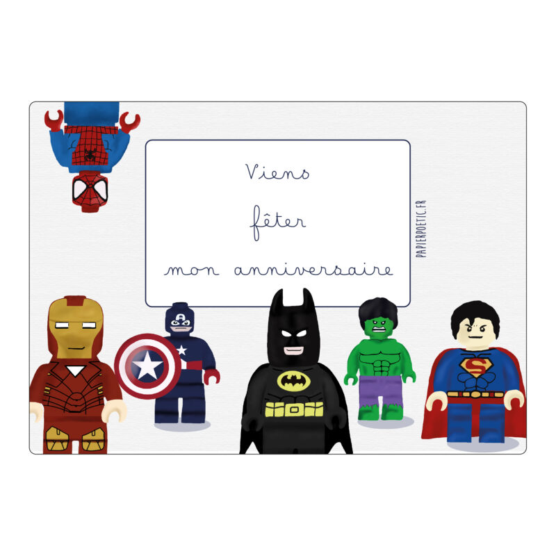 Lot 6 cartes d’invitation “super-héros lego” Papier Poetic