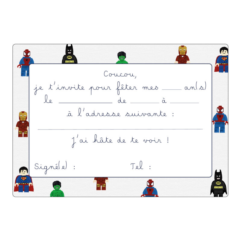 Lot 6 cartes d’invitation “super-héros lego” Papier Poetic
